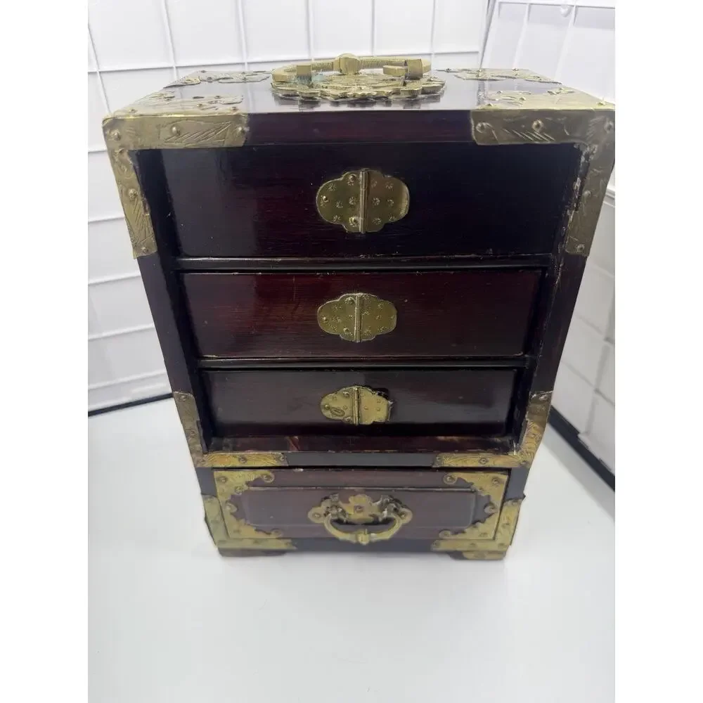 Stunning Antique Asian Jewelry Box w/ Ornate Brass, Chinese Carved Jade Inserts